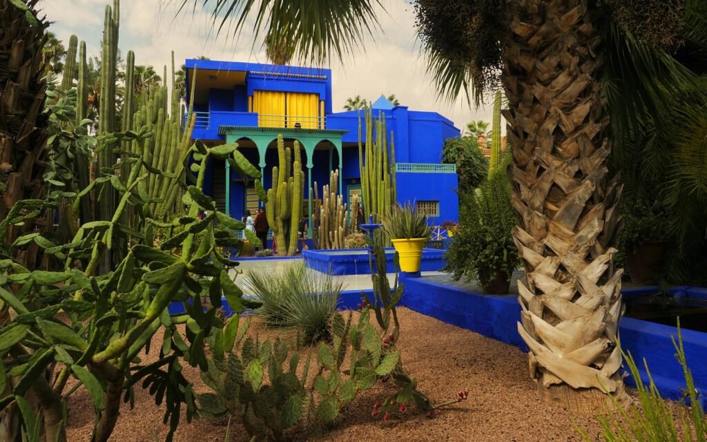 Blue villa and cactus garden at Jardin Majorelle, Marrakech
