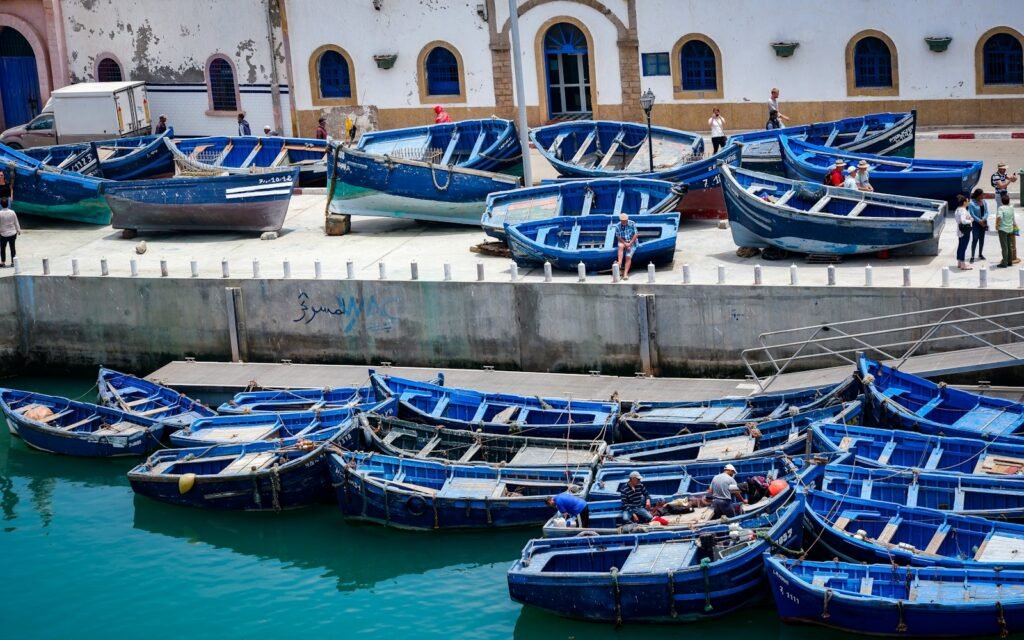 Blue fishing boats in Essaouira harbour