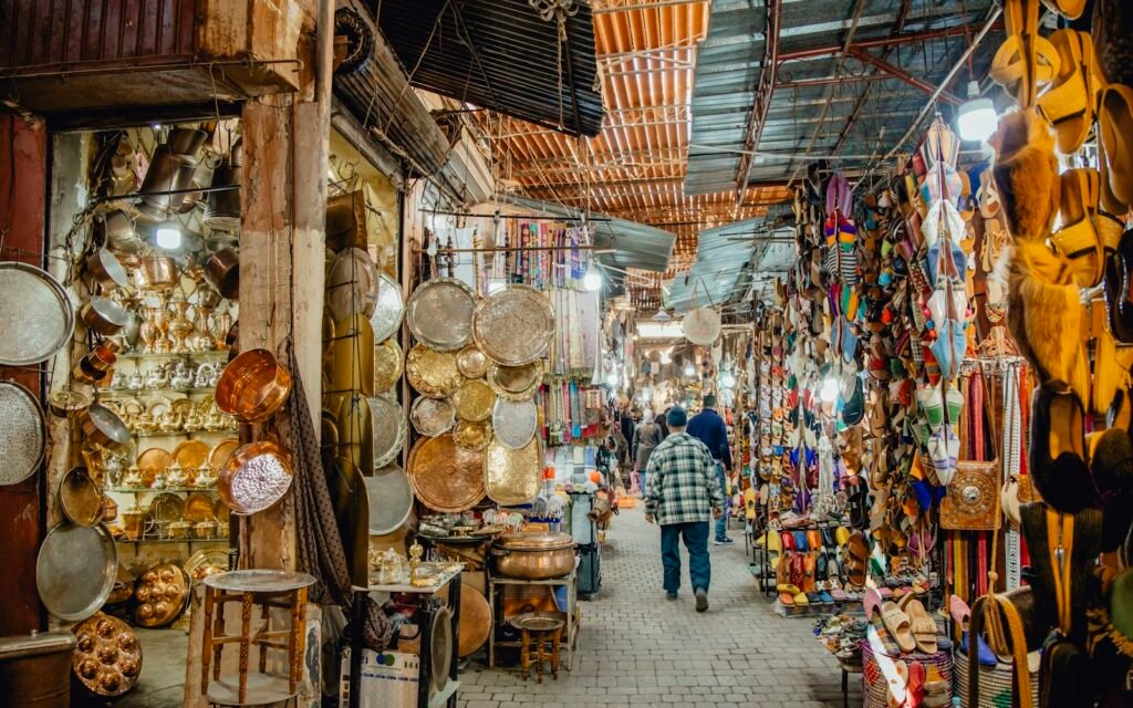 Busy souk street in the Marrakech medina