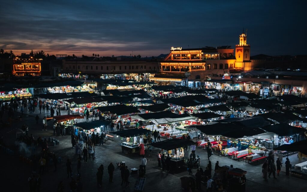 Jemaa el-Fnaa square in Marrakech at night